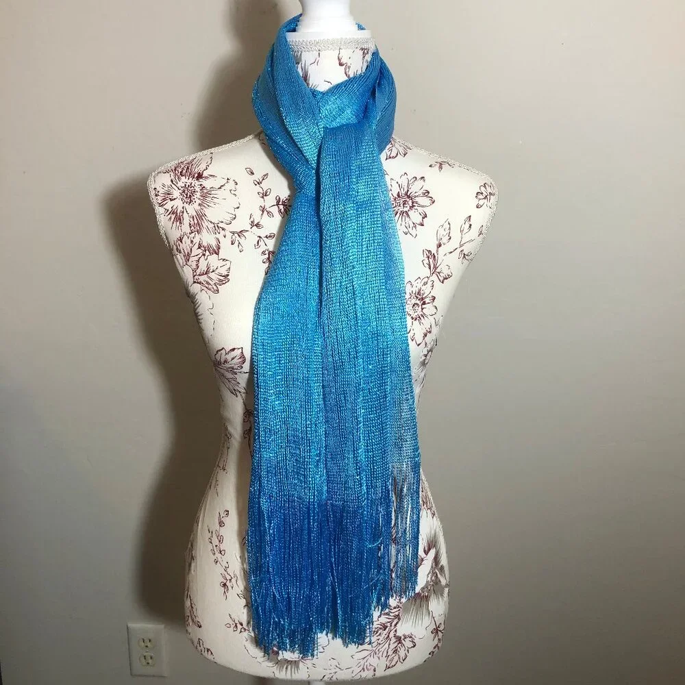 Kimberly C. Metallic Blue Fringe Scarf – Statement Evening Wrap